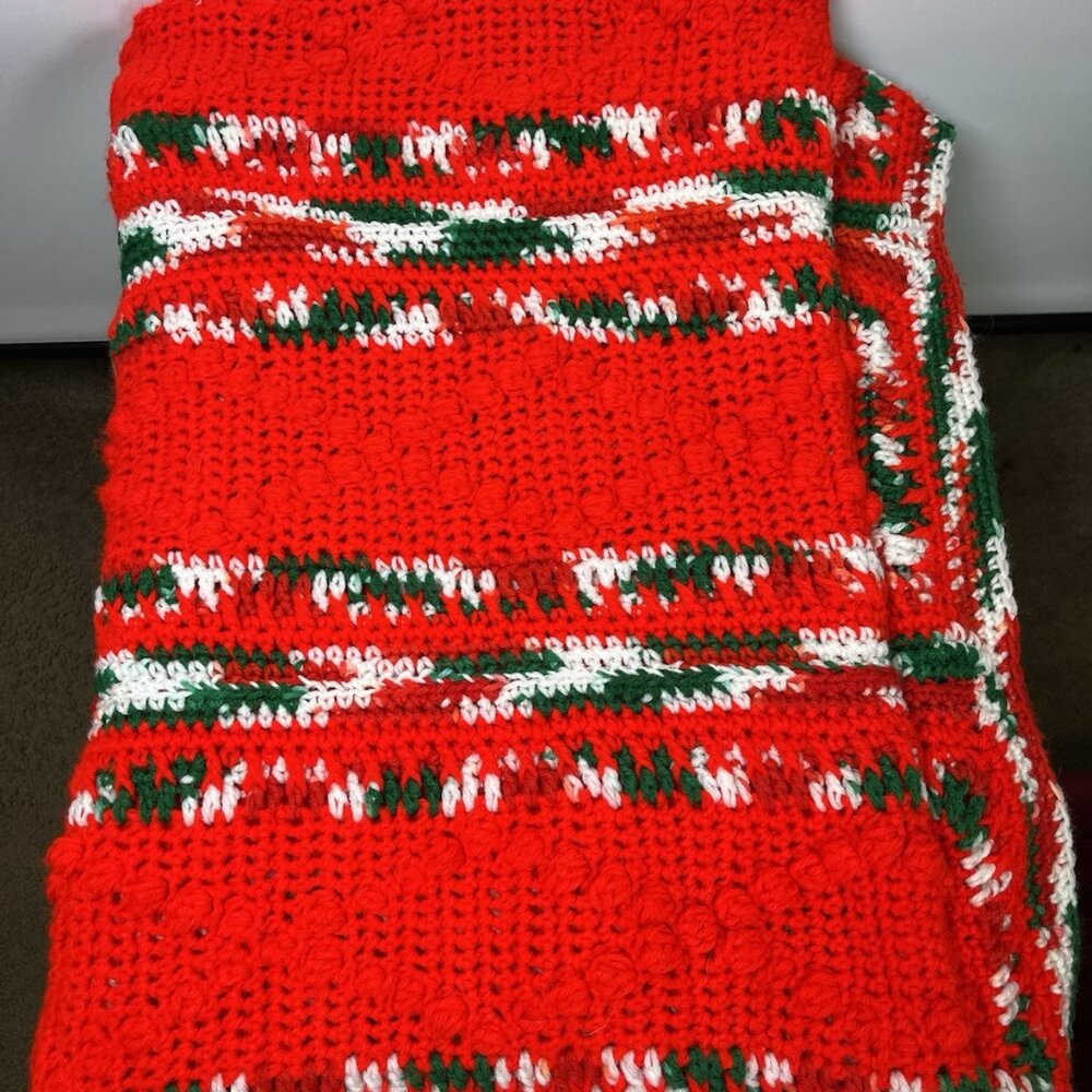 Vintage Christmas Crochet Granny Afghan Blanket Throw Candy Cane Stripe 66”x48”